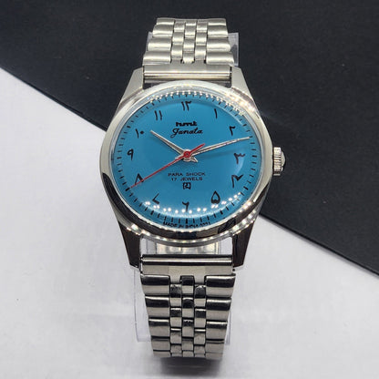 Vintage HMT Janata Hand Winding 17 Jewels Blue Face Jubilee Bracelet Men's Wrist Watch F57