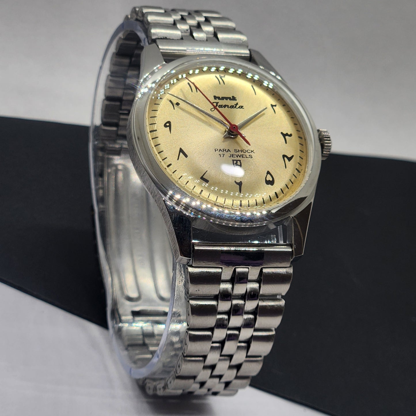 Vintage HMT Janata Urdu Hand Winding 17 Jewels Golden Face Jubilee Bracelet Men's Wrist Watch F59