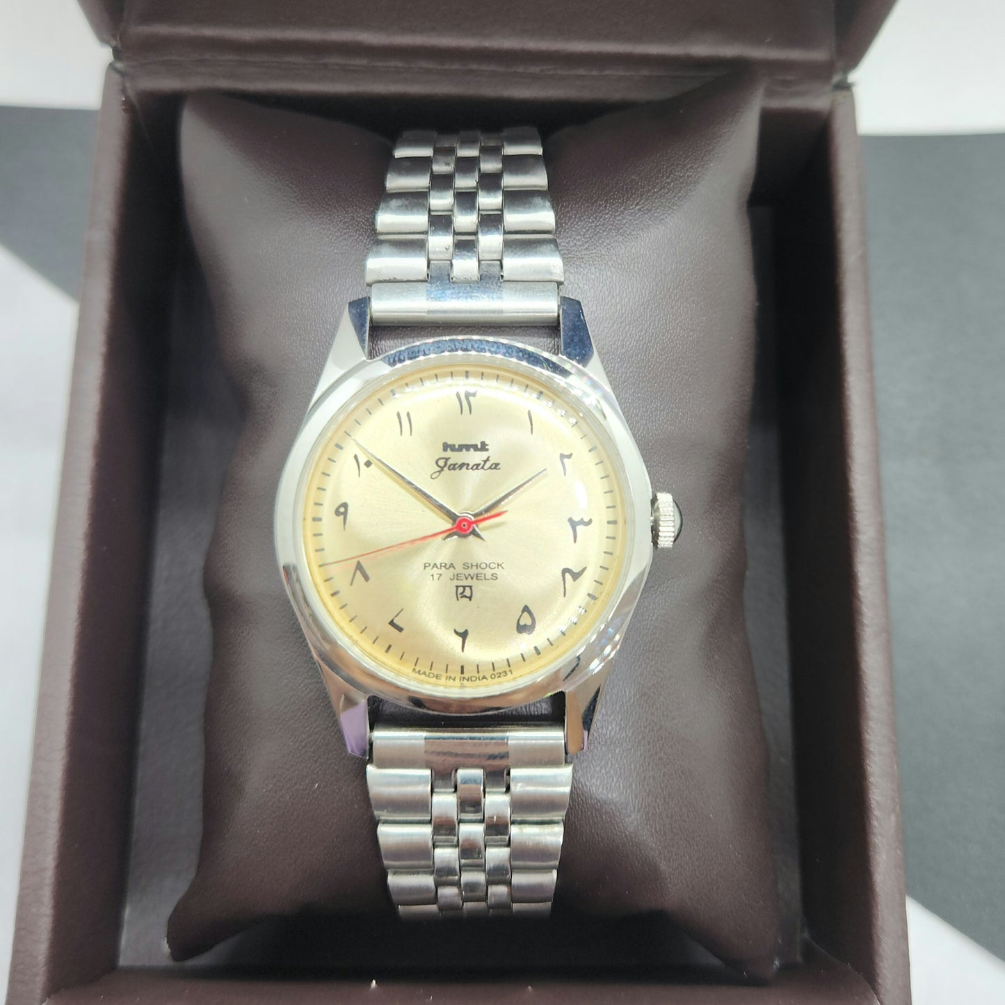 Vintage HMT Janata Urdu Hand Winding 17 Jewels Golden Face Jubilee Bracelet Men's Wrist Watch F59