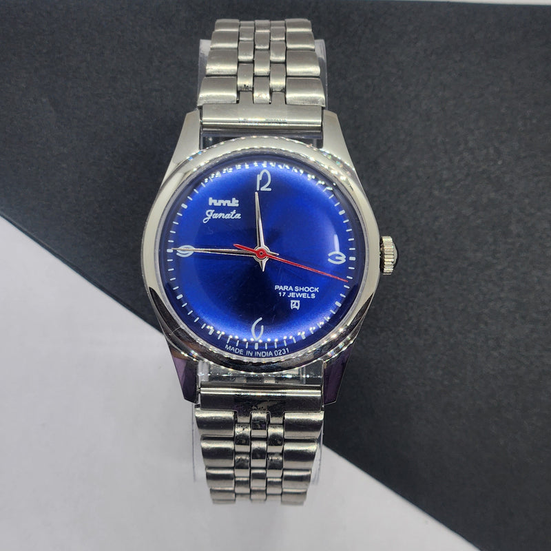 Vintage HMT Janata Hand Winding 17 Jewels Blue Face Jubilee Bracelet Men's Wrist Watch F60