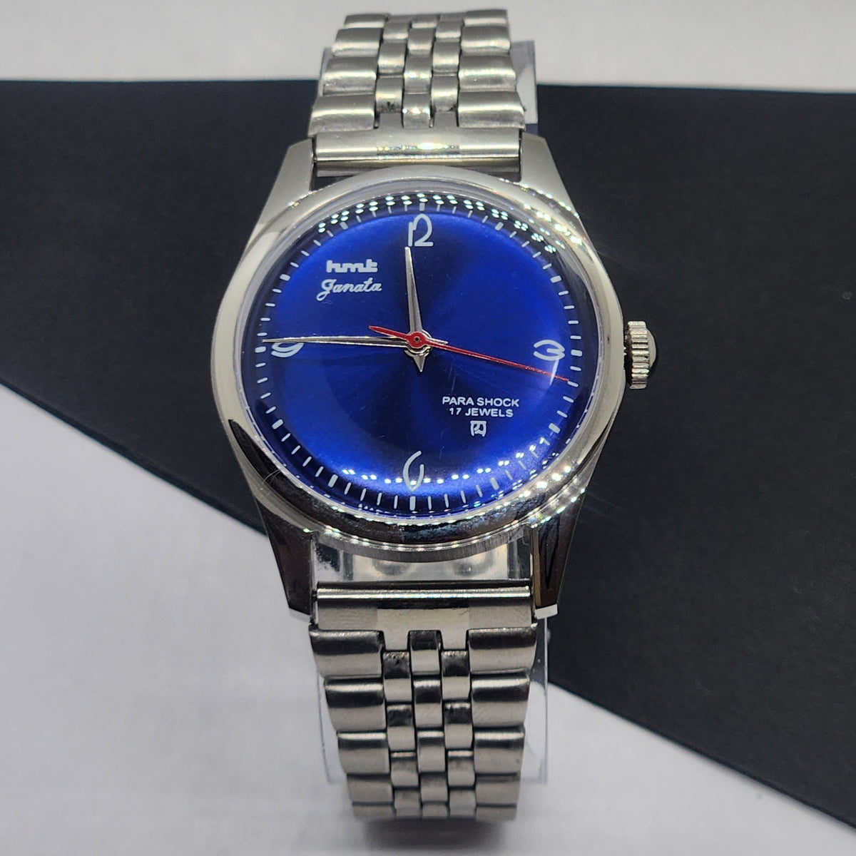 Vintage HMT Janata Hand Winding 17 Jewels Blue Face Jubilee Bracelet Men's Wrist Watch F60