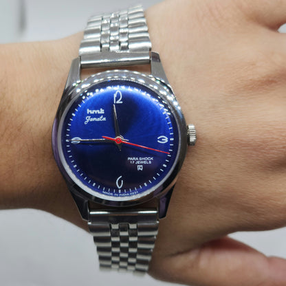 Vintage HMT Janata Hand Winding 17 Jewels Blue Face Jubilee Bracelet Men's Wrist Watch F60