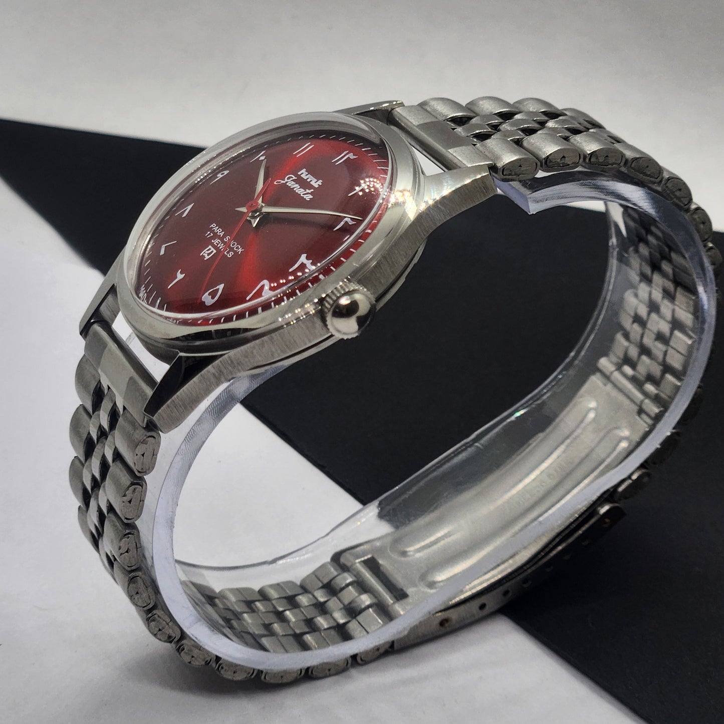 Vintage HMT Janata Urdu Hand Winding 17 Jewels Red Face Jubilee Bracelet Men's Wrist Watch F61