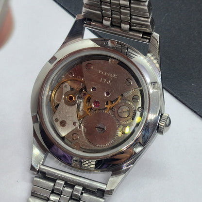 Vintage HMT Janata Urdu Hand Winding 17 Jewels Red Face Jubilee Bracelet Men's Wrist Watch F61