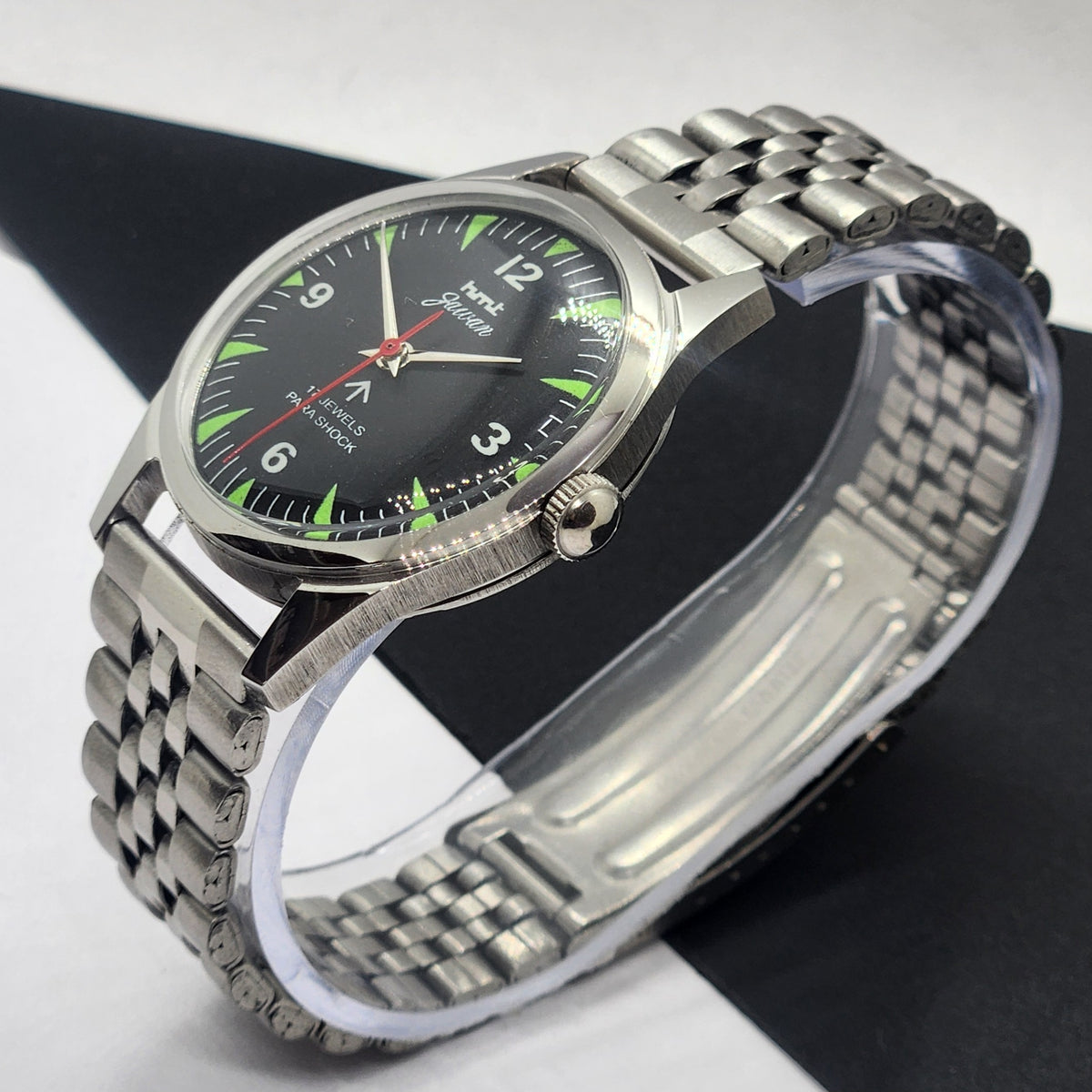 Vintage HMT Jawan Hand Winding 17 Jewels Black Face Jubilee Bracelet Men's Wrist Watch F62