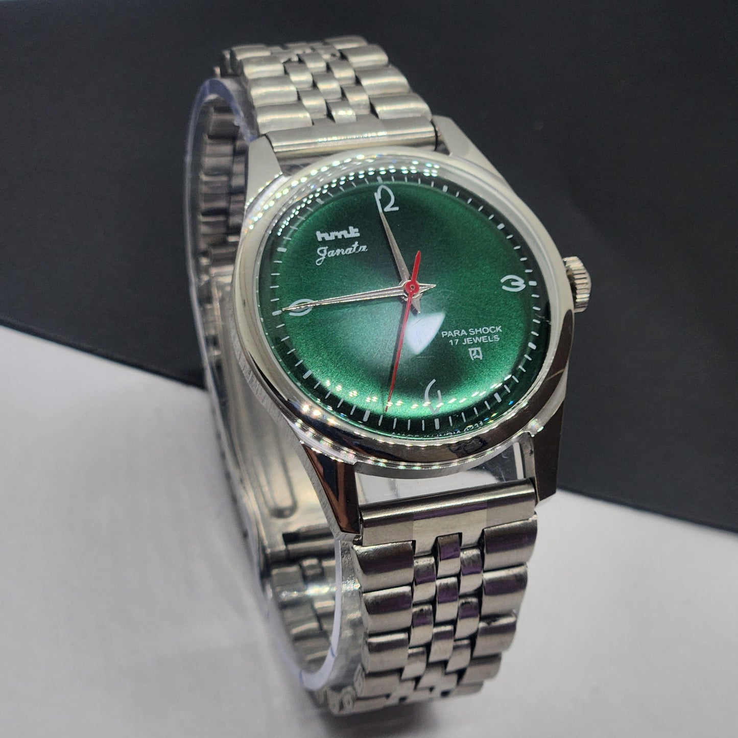 Vintage HMT Janata Hand Winding 17 Jewels Green Face Jubilee Bracelet Men's Wrist Watch F63