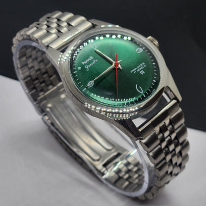 Vintage HMT Janata Hand Winding 17 Jewels Green Face Jubilee Bracelet Men's Wrist Watch F63
