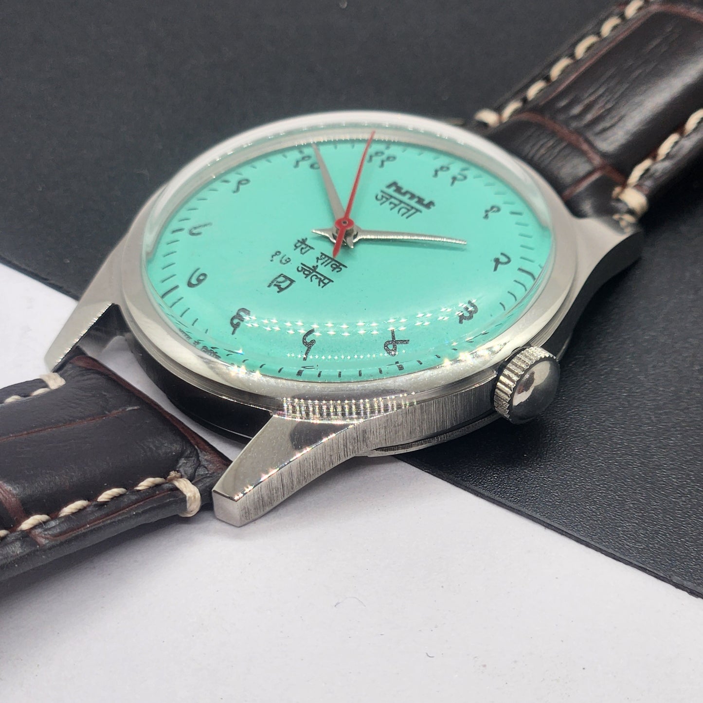 Vintage HMT Janata Devanagari Hand Winding 17 Jewels Tiffany Blue Face Brown Croco Leather Strap Men's Wrist Watch F87