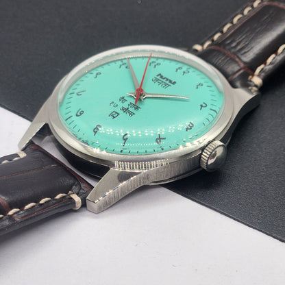 Vintage HMT Janata Devanagari Hand Winding 17 Jewels Tiffany Blue Face Brown Croco Leather Strap Men's Wrist Watch F87