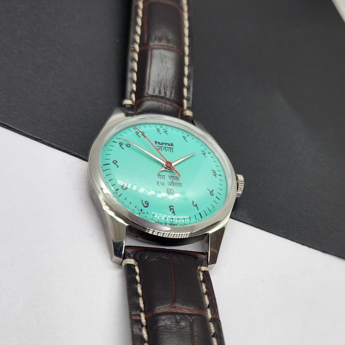 Vintage HMT Janata Devanagari Hand Winding 17 Jewels Tiffany Blue Face Brown Croco Leather Strap Men's Wrist Watch F87