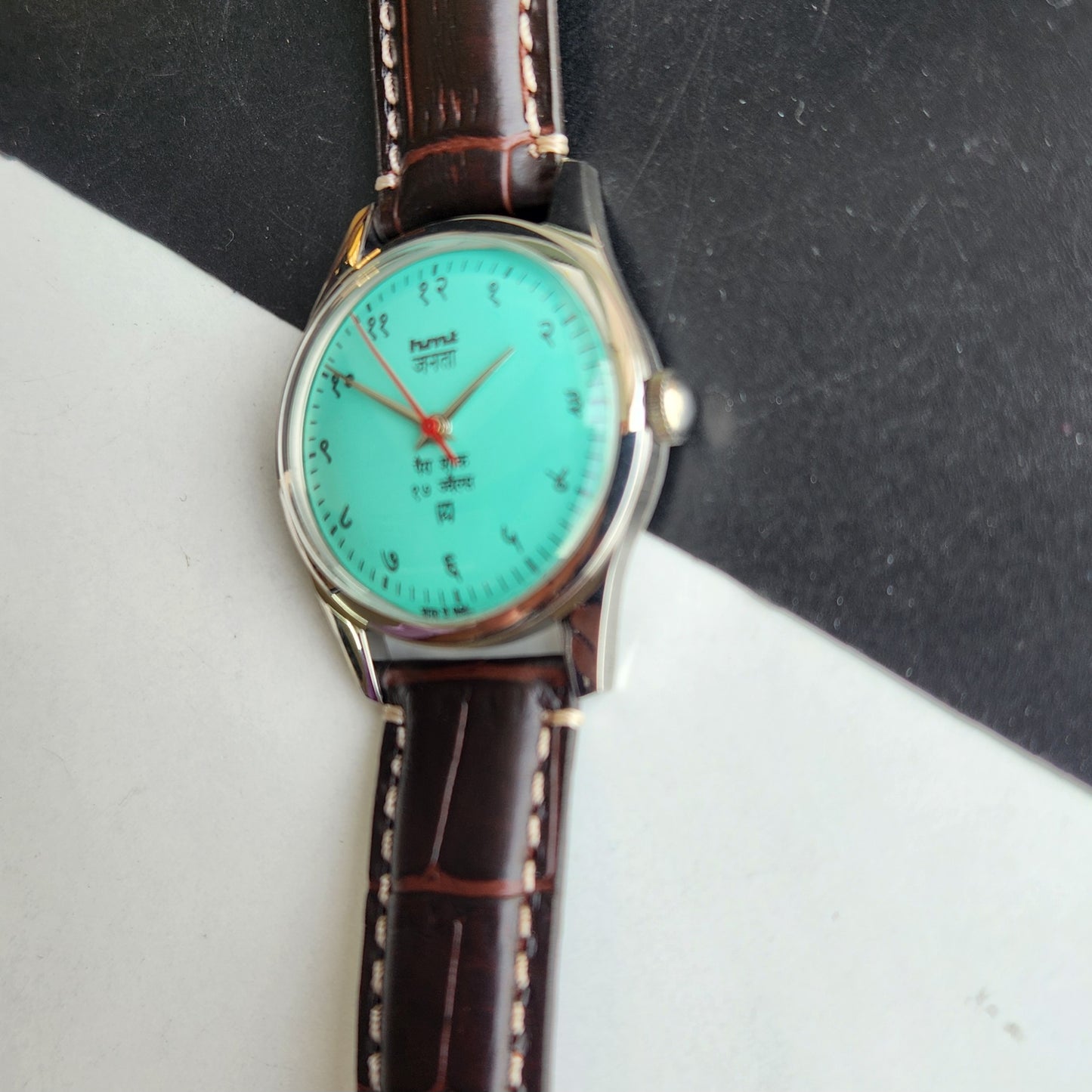 Vintage HMT Janata Devanagari Hand Winding 17 Jewels Tiffany Blue Face Brown Croco Leather Strap Men's Wrist Watch F87