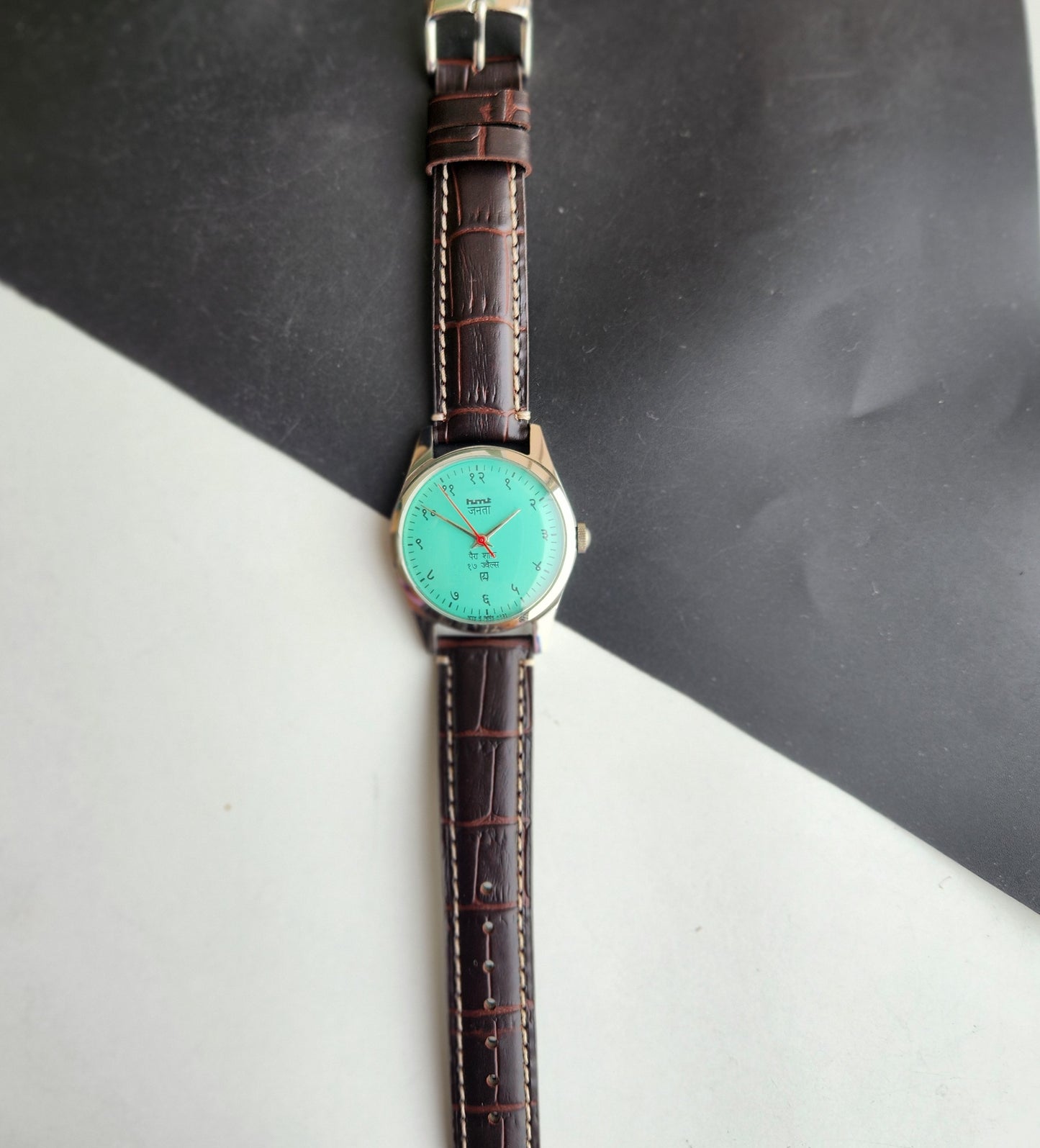 Vintage HMT Janata Devanagari Hand Winding 17 Jewels Tiffany Blue Face Brown Croco Leather Strap Men's Wrist Watch F87