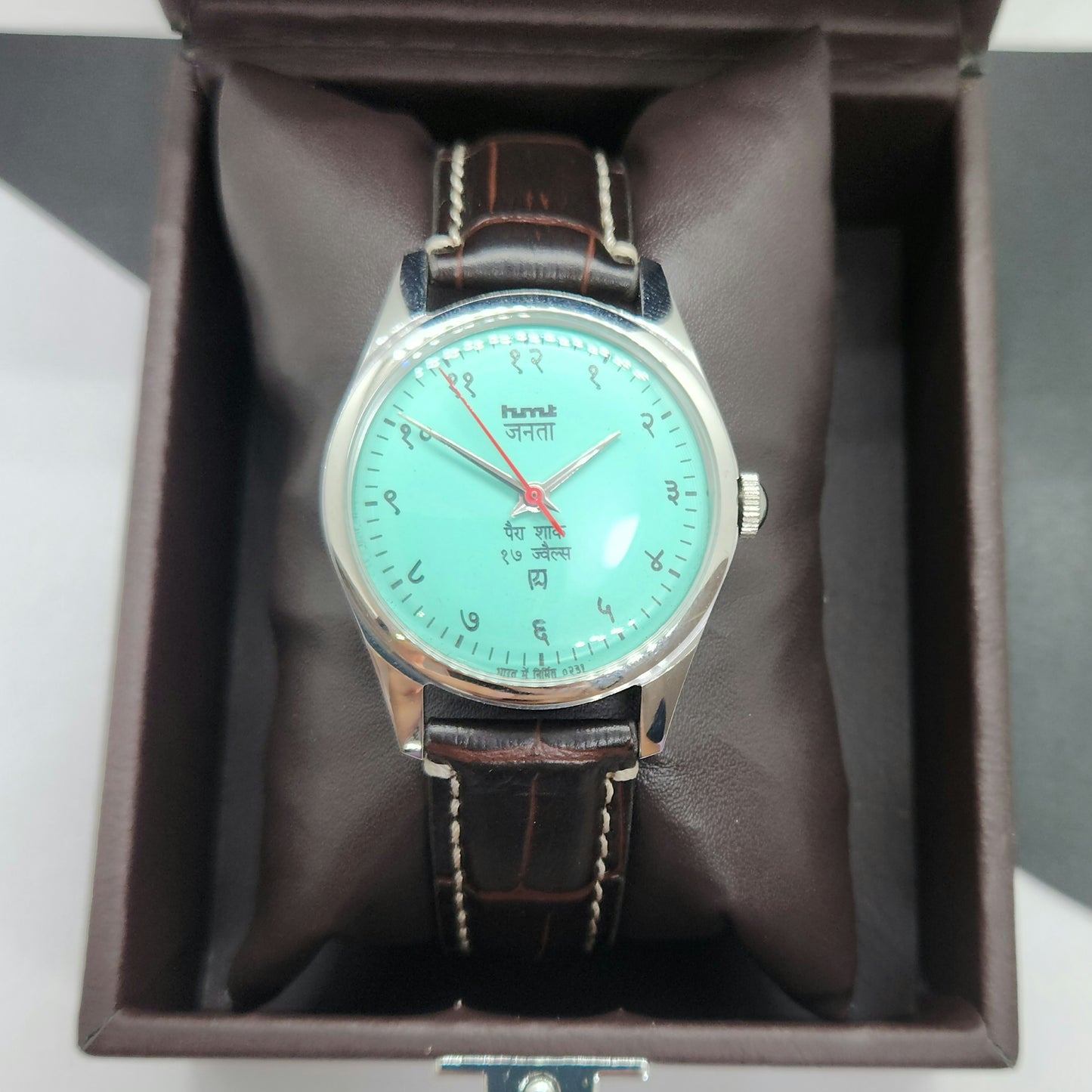 Vintage HMT Janata Devanagari Hand Winding 17 Jewels Tiffany Blue Face Brown Croco Leather Strap Men's Wrist Watch F87