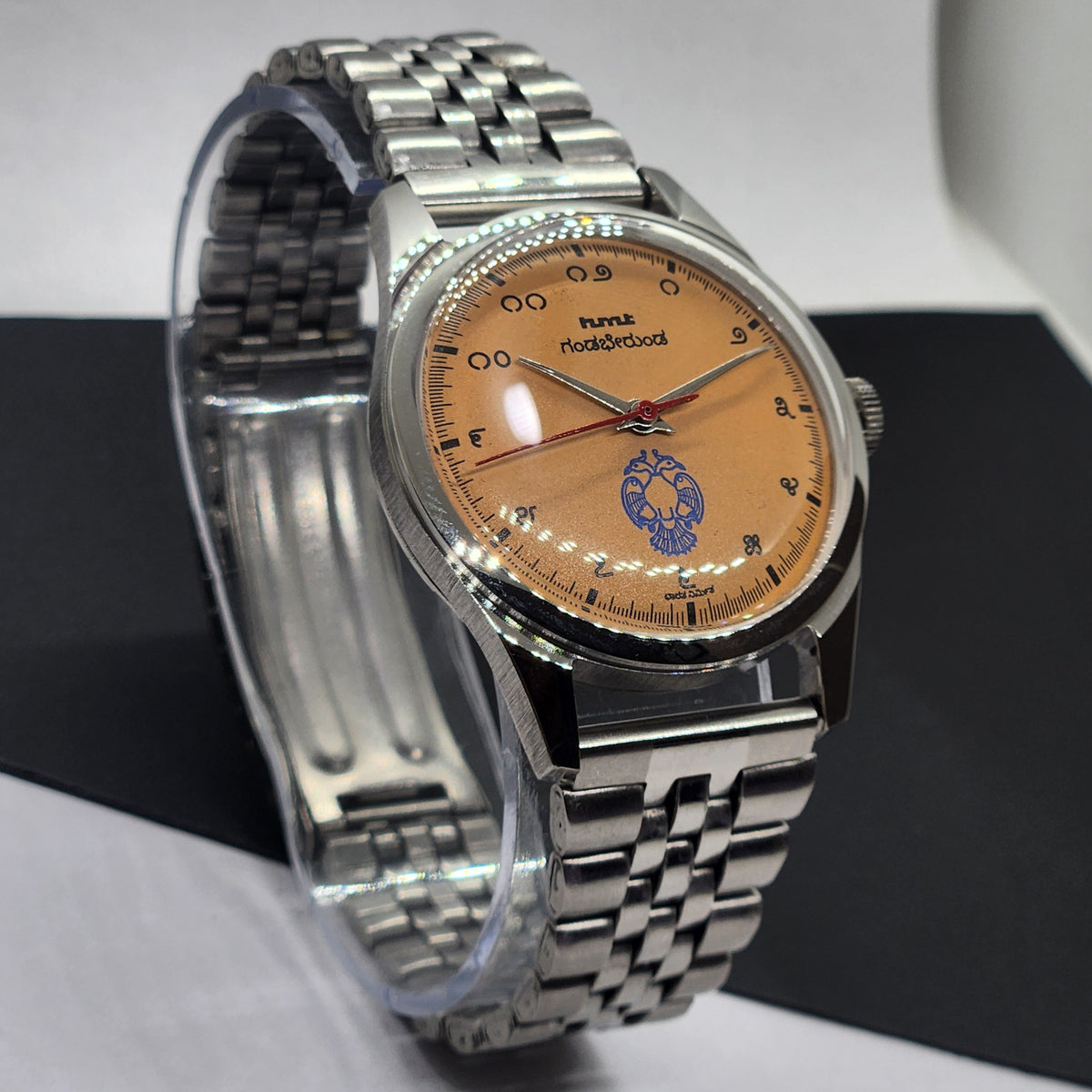 Vintage MOD HMT Gandaberunda Hand Winding 17 Jewels Orange Face Jubilee Bracelet Men's Wrist Watch F69