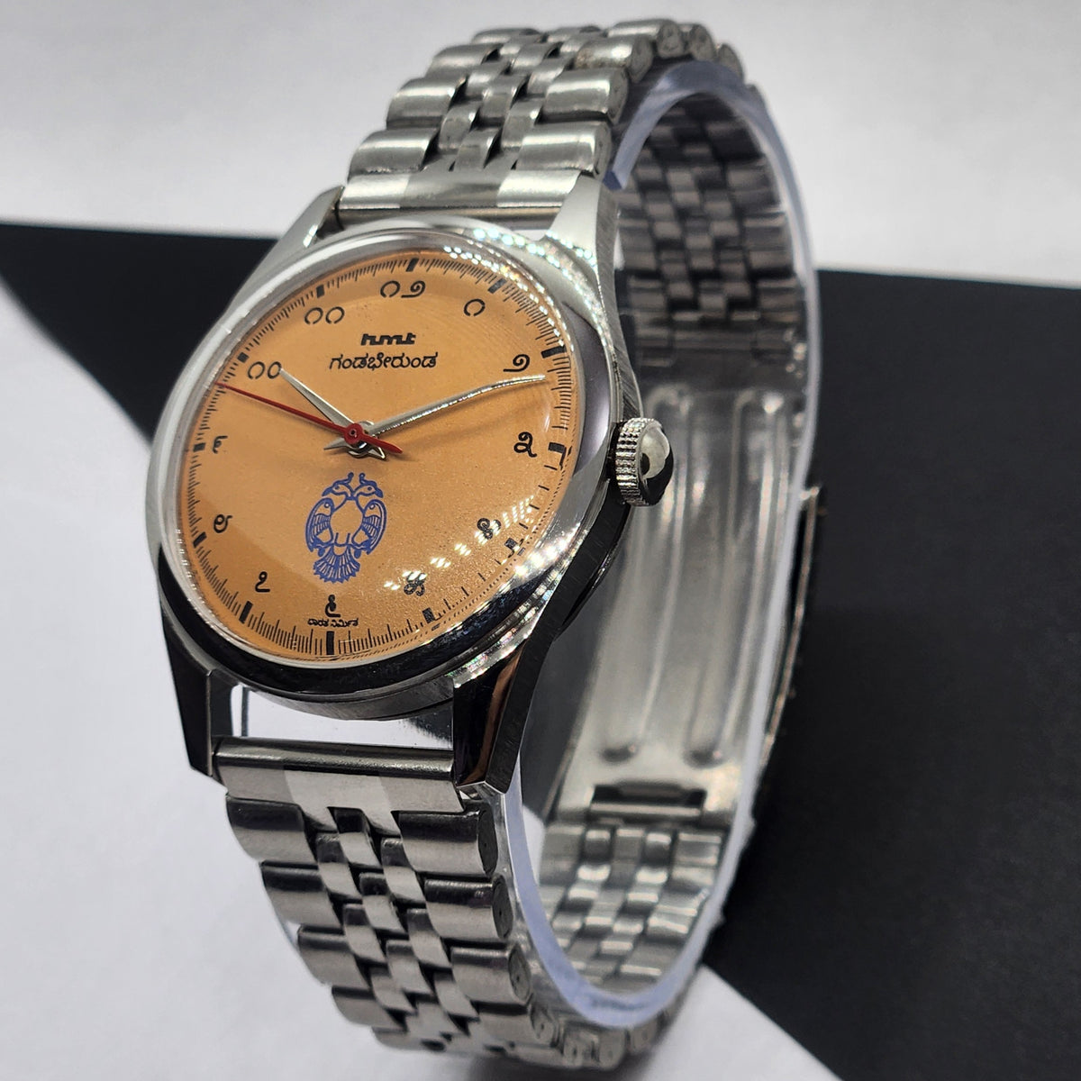 Vintage MOD HMT Gandaberunda Hand Winding 17 Jewels Orange Face Jubilee Bracelet Men's Wrist Watch F69