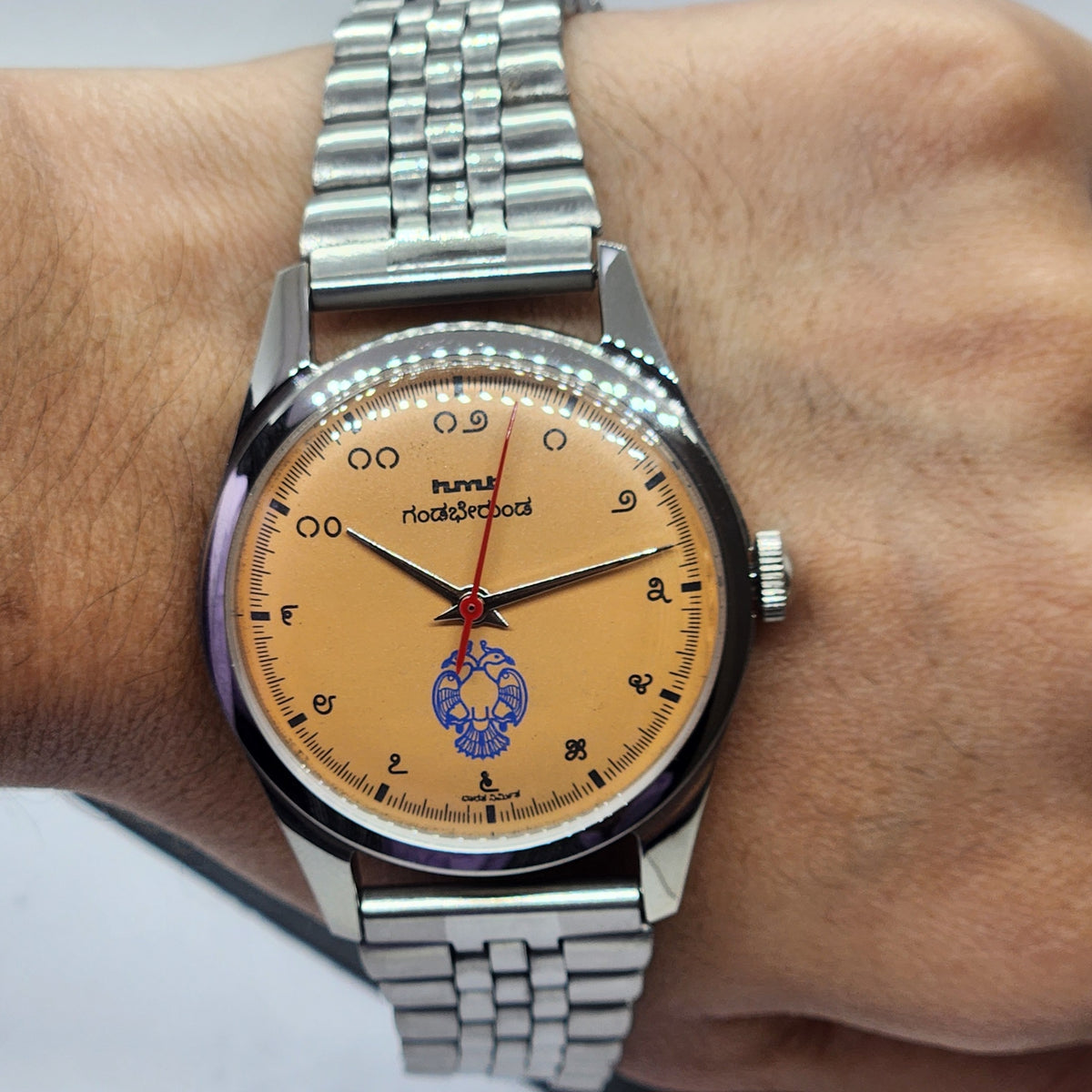 Vintage MOD HMT Gandaberunda Hand Winding 17 Jewels Orange Face Jubilee Bracelet Men's Wrist Watch F69