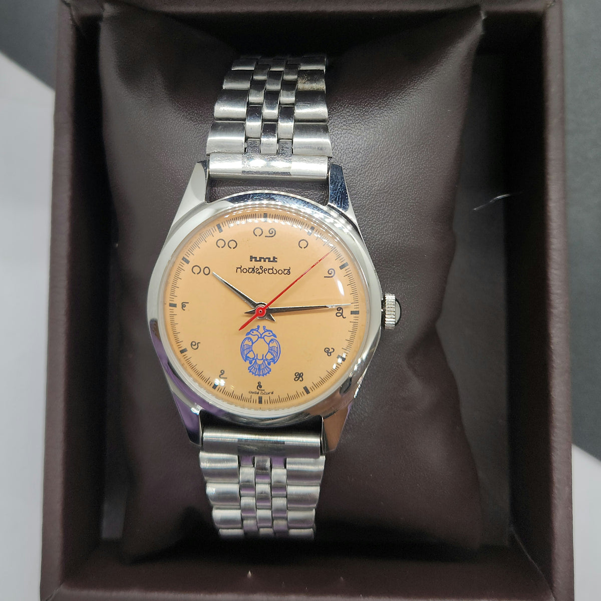 Vintage MOD HMT Gandaberunda Hand Winding 17 Jewels Orange Face Jubilee Bracelet Men's Wrist Watch F69