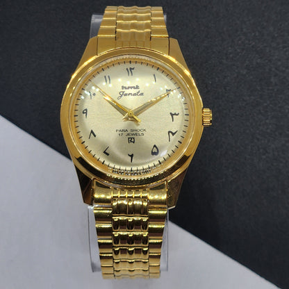 Vintage HMT Janata Urdu Hand Winding 17 Jewels Golden Face 35MM Golden Case Men's Wrist Watch F68