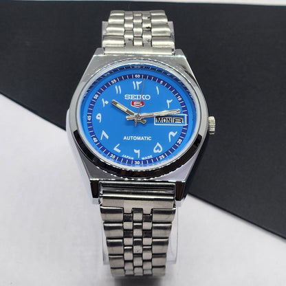 Vintage Mod Seiko 5 Automatic Arabic Blue Face 6309A 17 Jewels Japan Men's Day-Date Wrist Watch F71