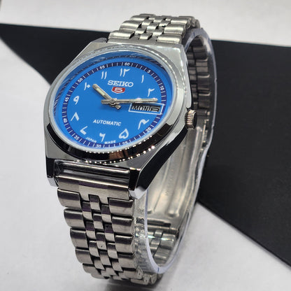 Vintage Mod Seiko 5 Automatic Arabic Blue Face 6309A 17 Jewels Japan Men's Day-Date Wrist Watch F71
