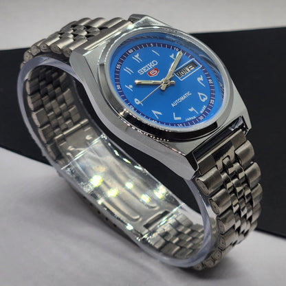 Vintage Mod Seiko 5 Automatic Arabic Blue Face 6309A 17 Jewels Japan Men's Day-Date Wrist Watch F71