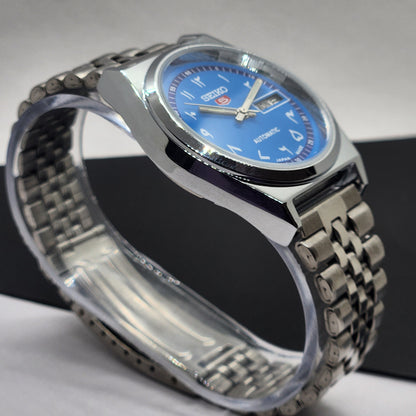 Vintage Mod Seiko 5 Automatic Arabic Blue Face 6309A 17 Jewels Japan Men's Day-Date Wrist Watch F71