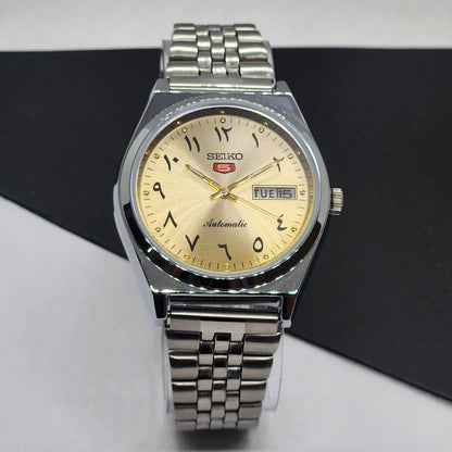 Vintage Mod Seiko 5 Automatic Arabic Golden Face 6309A 17 Jewels Japan Men's Day-Date Wrist Watch F70