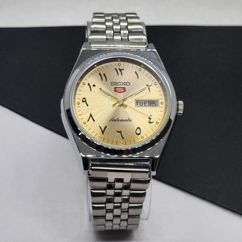 Vintage Mod Seiko 5 Automatic Arabic Golden Face 6309A 17 Jewels Japan Men's Day-Date Wrist Watch F70