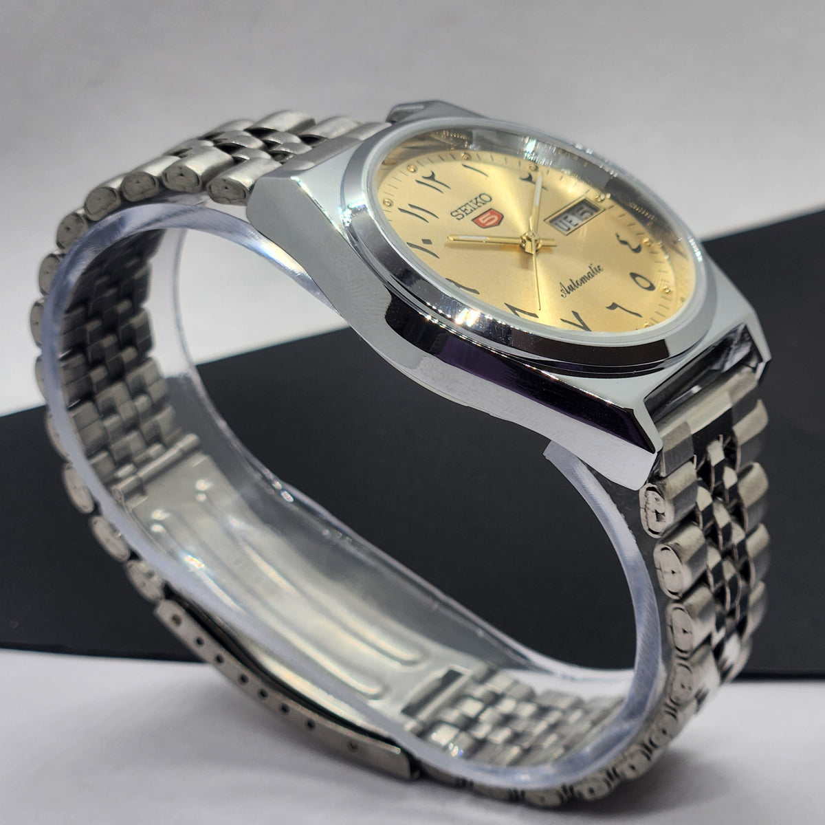 Vintage Mod Seiko 5 Automatic Arabic Golden Face 6309A 17 Jewels Japan Men's Day-Date Wrist Watch F70