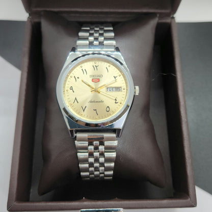 Vintage Mod Seiko 5 Automatic Arabic Golden Face 6309A 17 Jewels Japan Men's Day-Date Wrist Watch F70