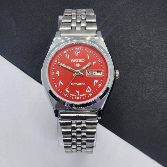 Vintage Mod Seiko 5 Automatic Arabic Red Face 6319A 21 Jewels Japan Men's Day-Date Wrist Watch F74