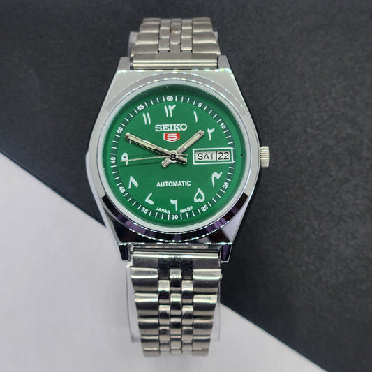 Vintage Mod Seiko 5 Automatic Arabic Green Face 6309A 17 Jewels Japan Men's Day-Date Wrist Watch F72