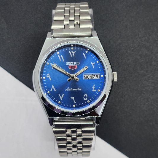 Vintage Mod Seiko 5 Automatic Arabic Blue Face 6309A 17 Jewels Japan Men's Day-Date Wrist Watch F73