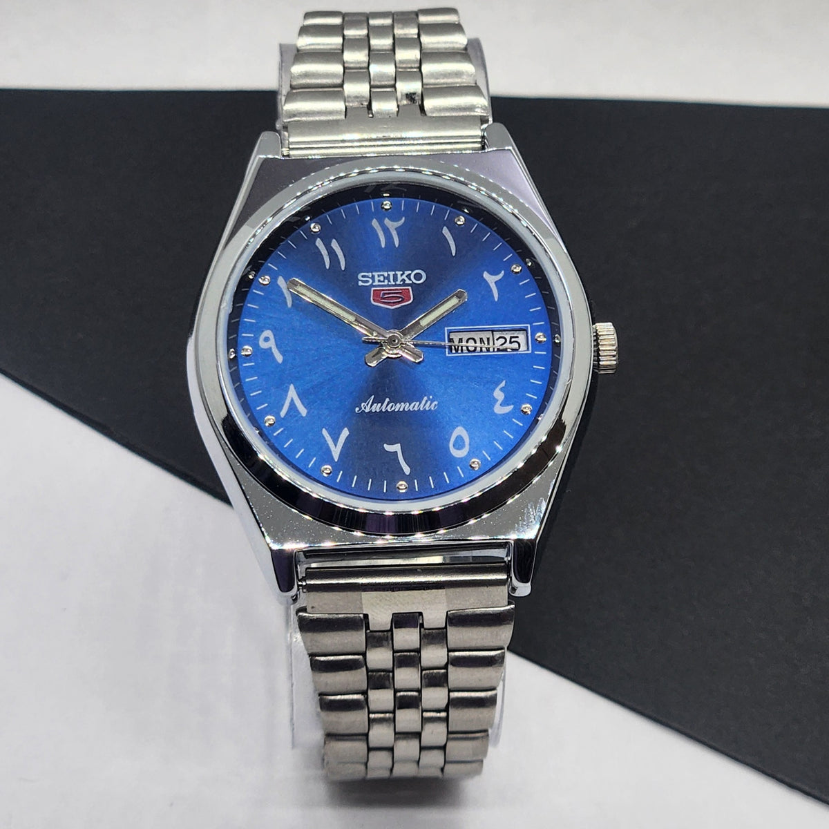 Vintage Mod Seiko 5 Automatic Arabic Blue Face 6309A 17 Jewels Japan Men's Day-Date Wrist Watch F73