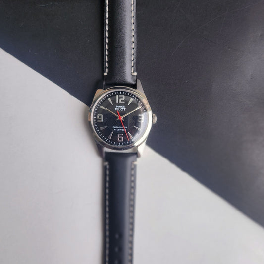 Vintage HMT Pilot Hand Winding 17 Jewels Black Face Black Band Men's Wrist Watch F75