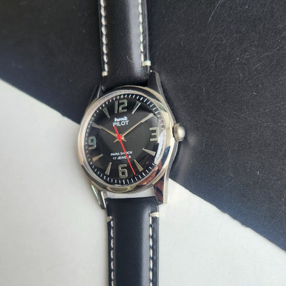 Vintage HMT Pilot Hand Winding 17 Jewels Black Face Black Band Men's Wrist Watch F75