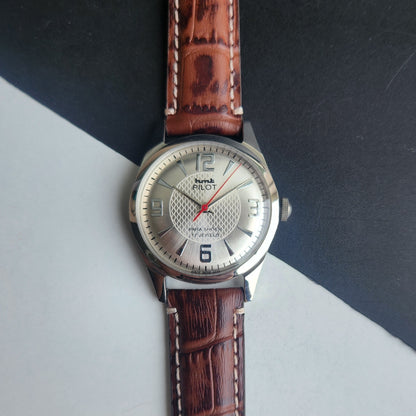 Vintage HMT Pilot Hand Winding 17 Jewels Silver Face Brown Croco Leather Strap Men's Wrist Watch F76