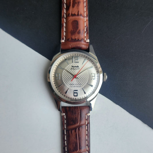 Vintage HMT Pilot Hand Winding 17 Jewels Silver Face Brown Croco Leather Strap Men's Wrist Watch F76