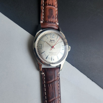 Vintage HMT Pilot Hand Winding 17 Jewels Silver Face Brown Croco Leather Strap Men's Wrist Watch F76