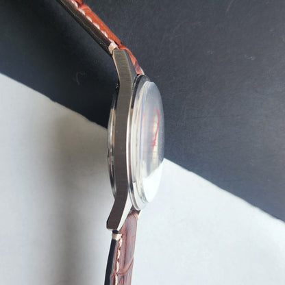 Vintage HMT Pilot Hand Winding 17 Jewels Silver Face Brown Croco Leather Strap Men's Wrist Watch F76