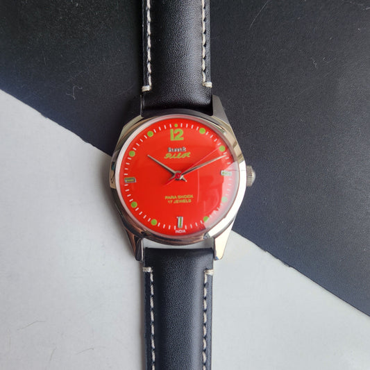 Vintage HMT Pilot Hand Winding 17 Jewels Orange Face Black Leather Strap Men's Wrist Watch F77