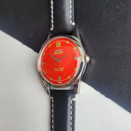 Vintage HMT Pilot Hand Winding 17 Jewels Orange Face Black Leather Strap Men's Wrist Watch F77
