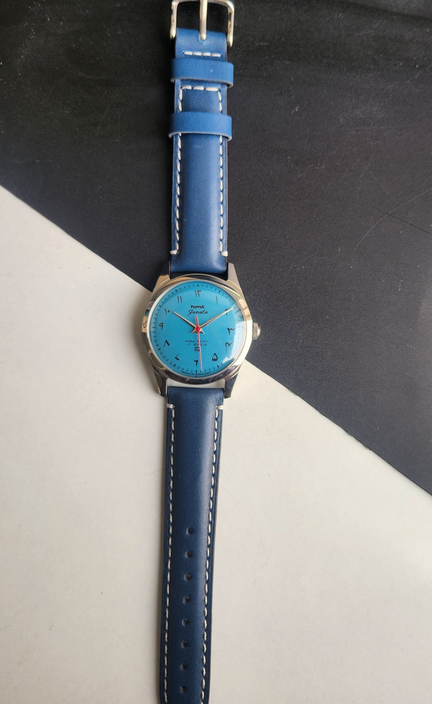 Vintage HMT Janata Urdu Hand Winding 17 Jewels Blue Face Blue Leather Strap Men's Wrist Watch F79