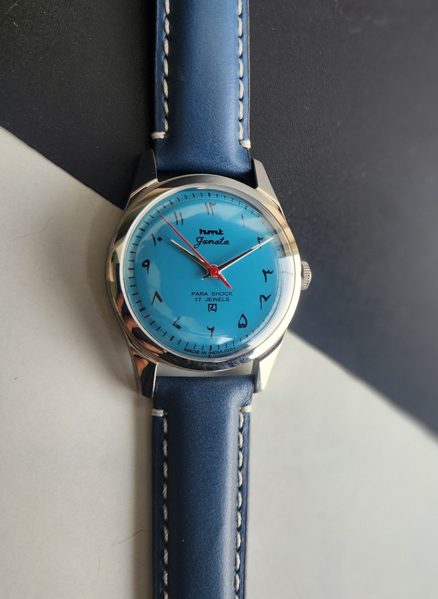 Vintage HMT Janata Urdu Hand Winding 17 Jewels Blue Face Blue Leather Strap Men's Wrist Watch F79
