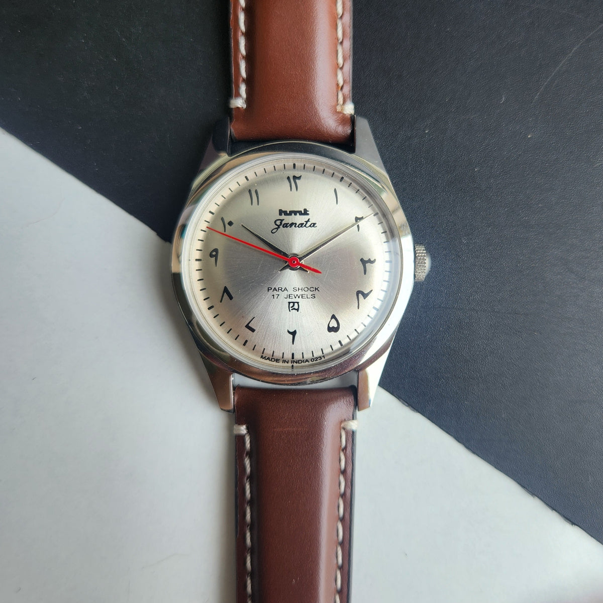 Vintage MOD HMT Janata Urdu Hand Winding 17 Jewels Silver Face Brown Leather Strap Men's Wrist Watch F80