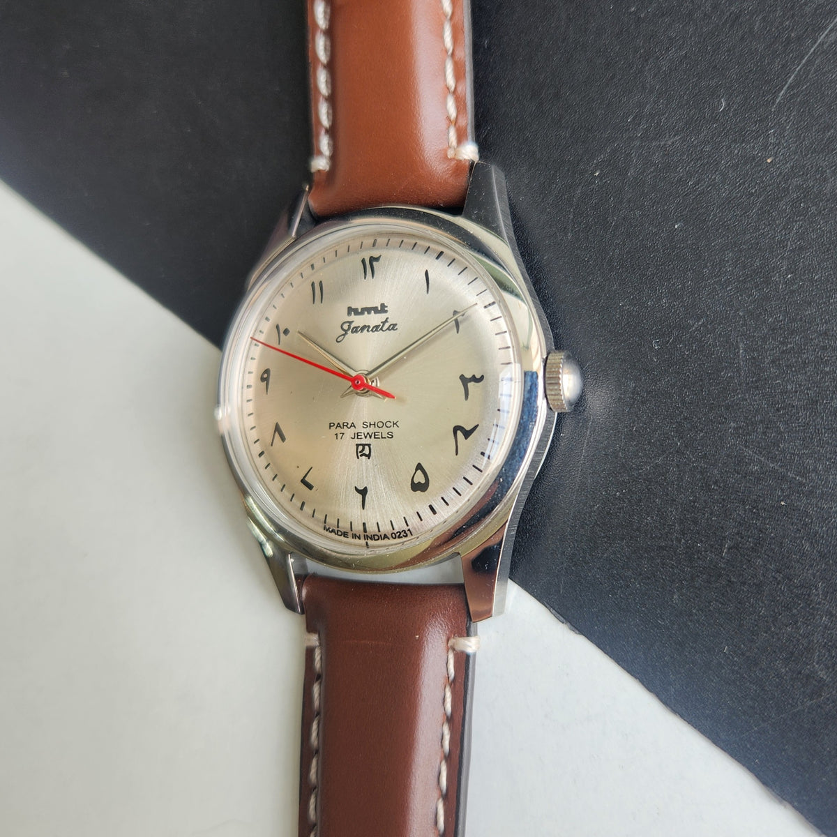 Vintage MOD HMT Janata Urdu Hand Winding 17 Jewels Silver Face Brown Leather Strap Men's Wrist Watch F80
