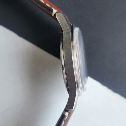 Vintage HMT Janata Urdu Hand Winding 17 Jewels Silver Face Brown Leather Strap Men's Wrist Watch F80