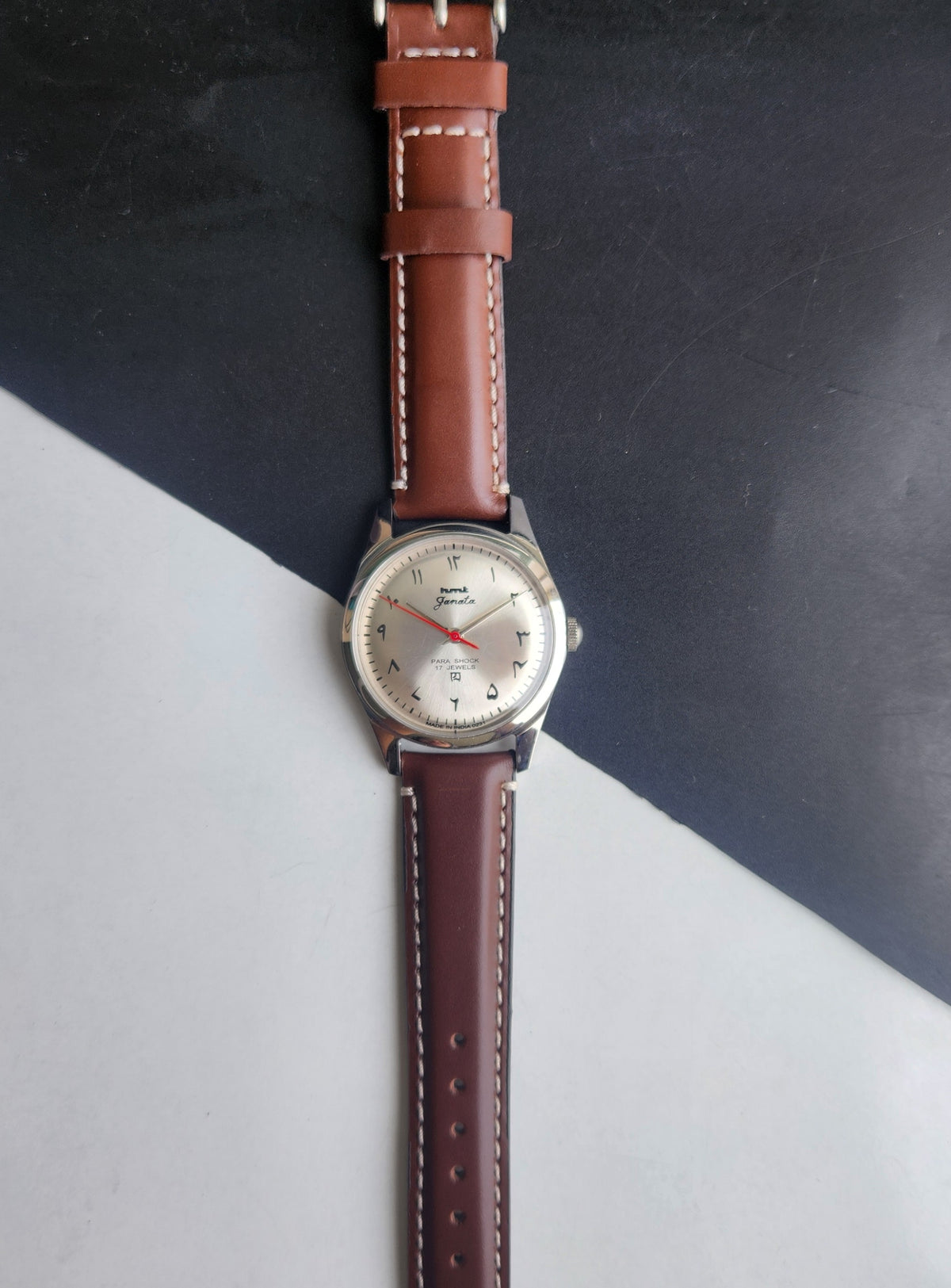Vintage MOD HMT Janata Urdu Hand Winding 17 Jewels Silver Face Brown Leather Strap Men's Wrist Watch F80