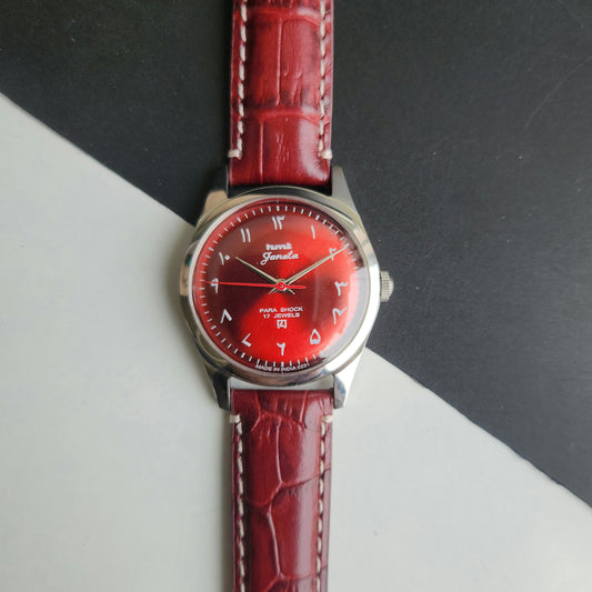 Vintage HMT Janata Urdu Hand Winding 17 Jewels Red Face Red Croco Leather Strap Men's Wrist Watch F82