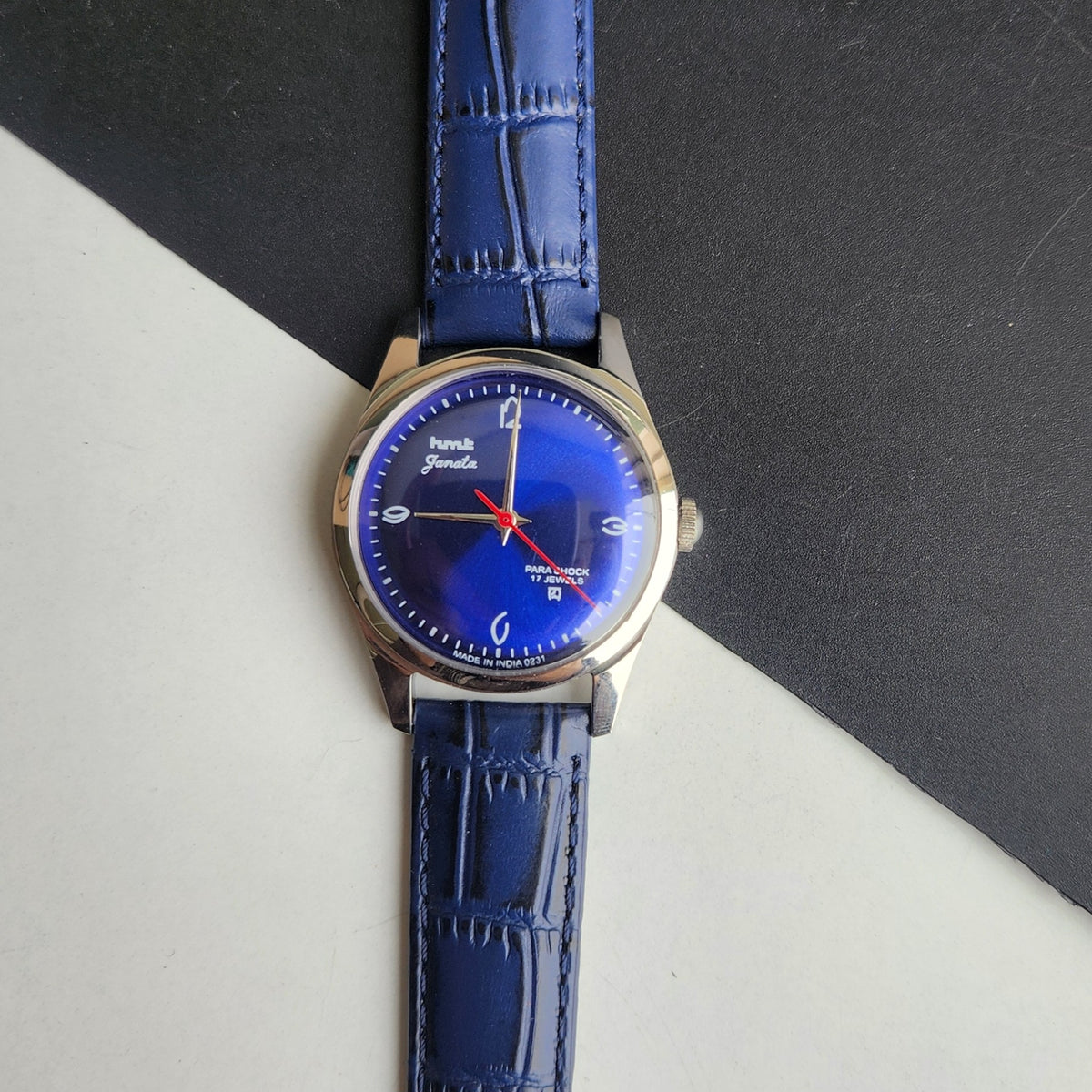 Vintage MOD HMT Janata Hand Winding 17 Jewels Blue Face Blue Croco Leather Strap Men's Wrist Watch F83